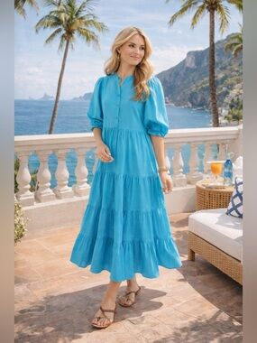 Blogger Favorite Blue Tiered Maxi Dress Coastal Chic Italy Vacation Resort
